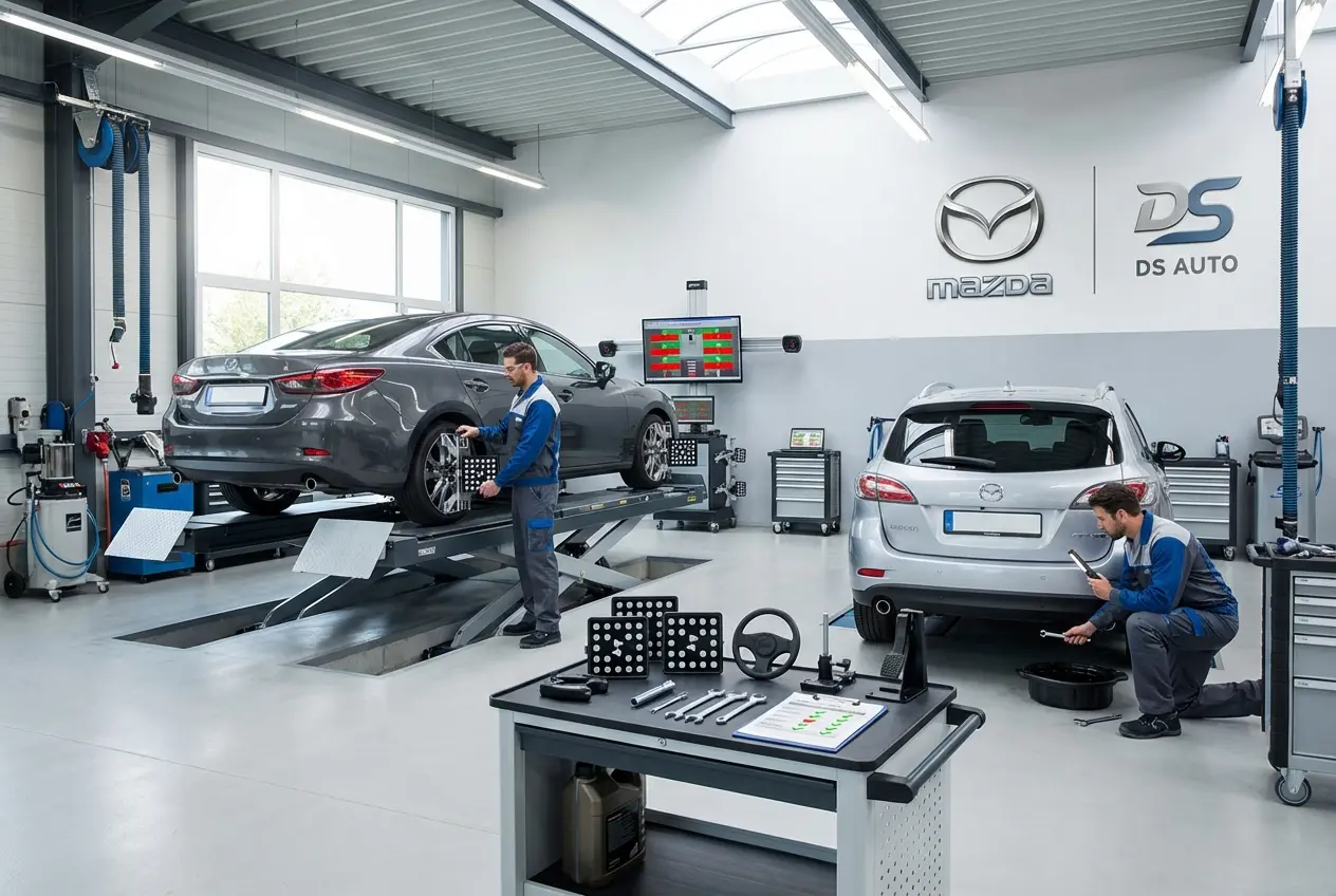 Процесс регулировки развал-схождения колес автомобиля Mazda в автосервисе DS Auto в Жуковском
