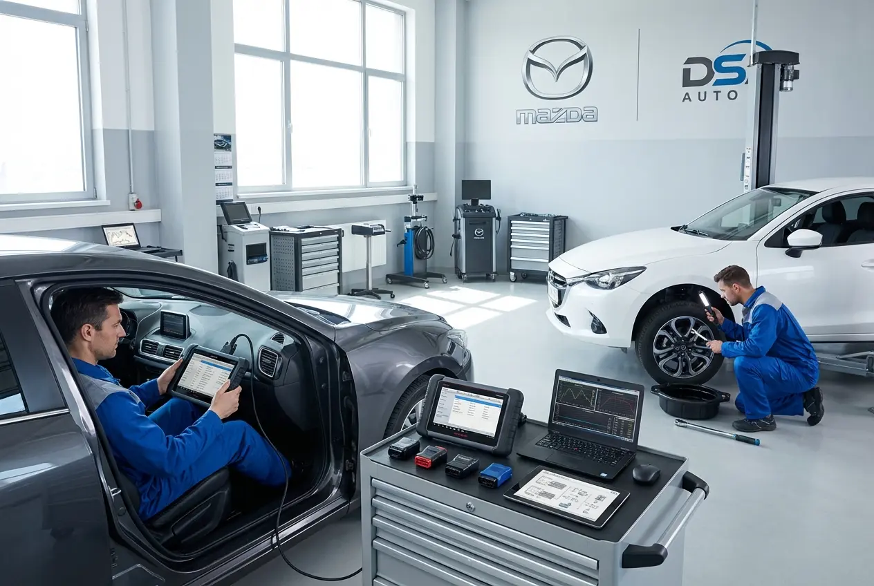 Диагностическое оборудование подключено к автомобилю Mazda в автосервисе DS Auto Жуковский